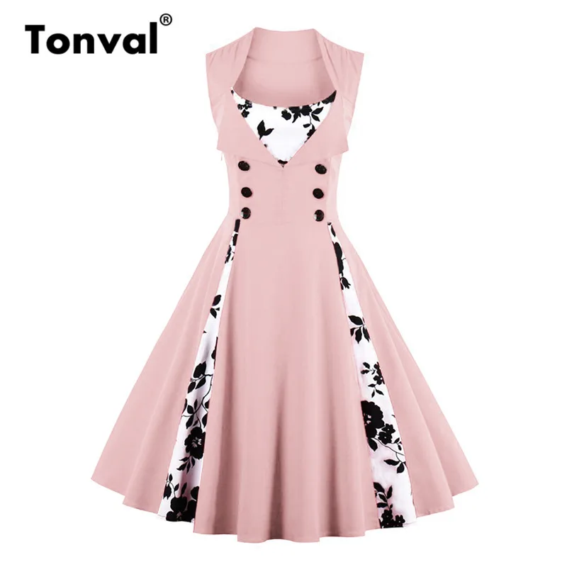 Tonval 5XL размера плюс винтажное рокабилли розовое платье женское цветочное контрастное платье элегантное платье-туника на пуговицах свободное платье