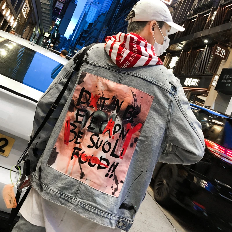 DARK ICON Graffiti Appliques Hip Hop Jeans Jacket Men 2019 Autumn Washing Material Denim Jackets for Men Casual Jackets