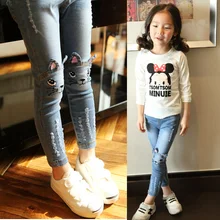 2016 automne et hiver plus épais velours chaud jeans pour filles sauvage chat enfants jeans 2-14 ans enfants pantalon
