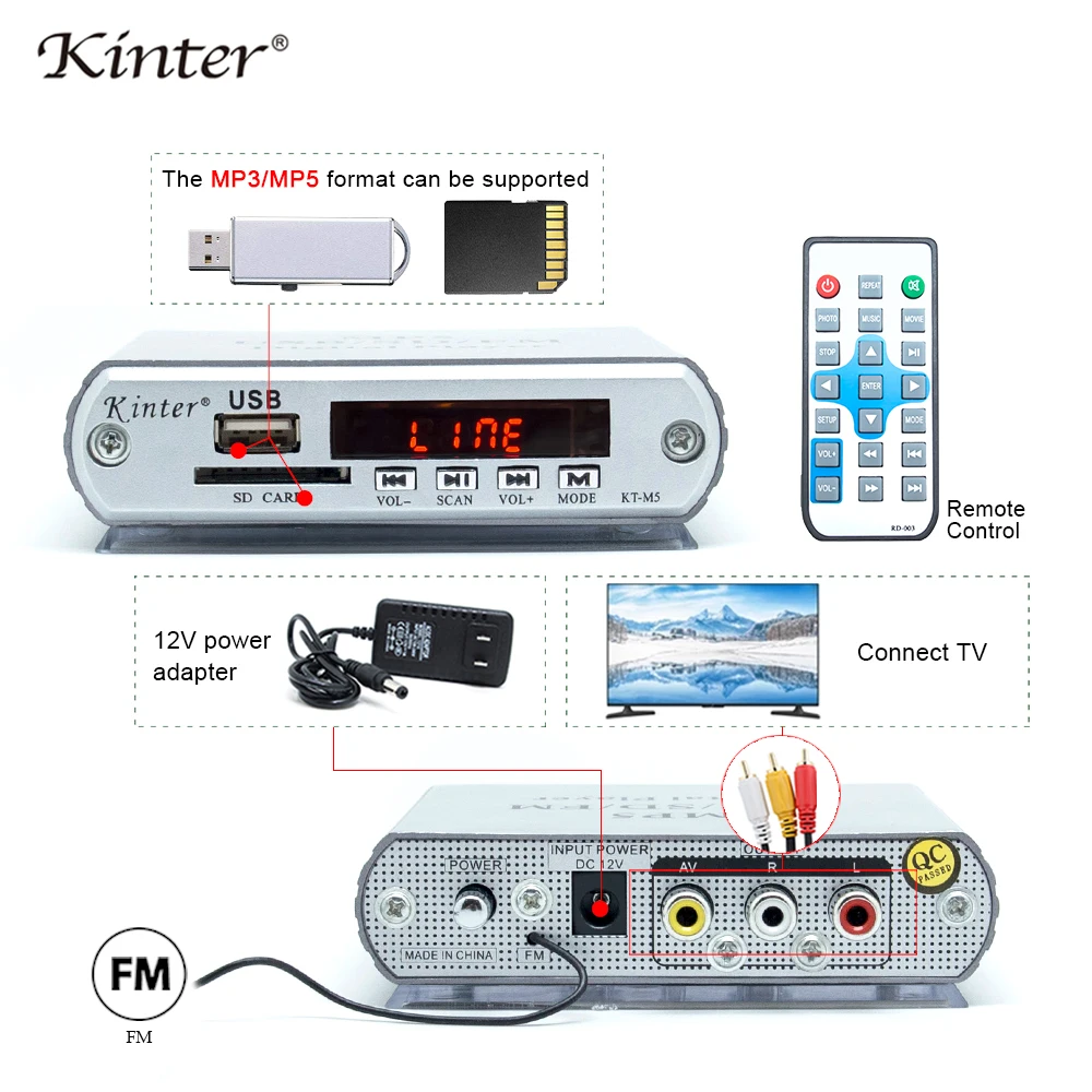 Kinter M5 mini audio amplifier USB SD input play MP3 MP5 format video supply power adapter remote control Kinter M5 mini audio amplifier USB SD input play MP3 MP5 format video supply power adapter remote control