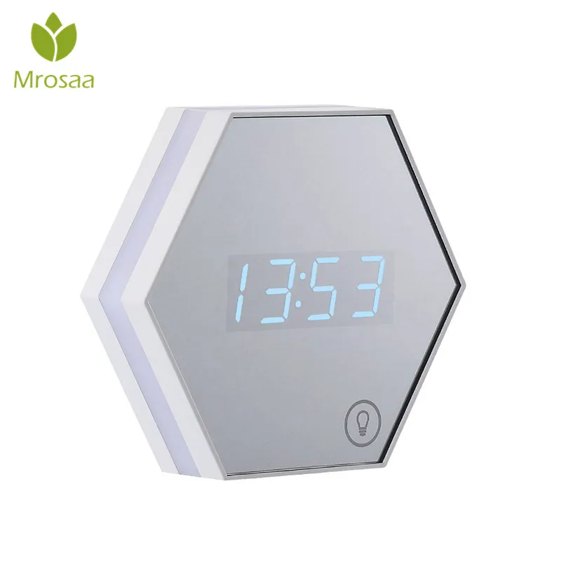 MROSAA Glass LED Mirror Alarm Clock Night Light Wall Digital Display