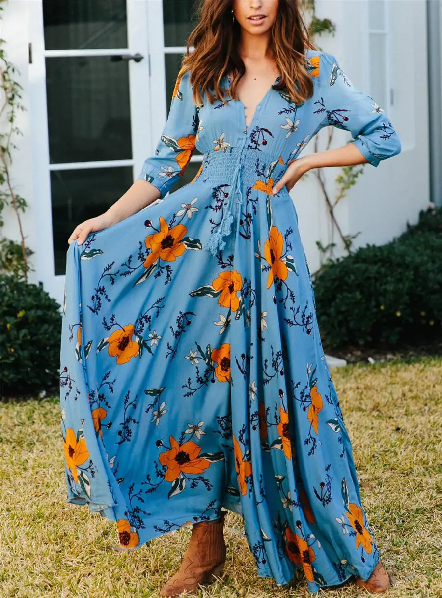 Gladiolus 2019 Spring Summer Dress Women 34 Sleeve V Neck Sexy Floral Print Bohemian Women Maxi Dress Long Beach Ladies Dresses (84)