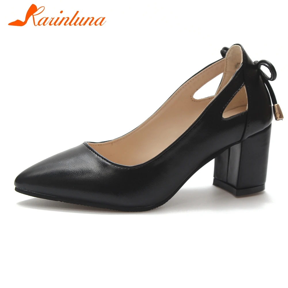 

KARINLUNA New Fashion Wholesale Pointed Toe Sweet Bowtie Office Lady Pumps Woman Shoes Slip On Chunky Heels Shoes Woman Pumps