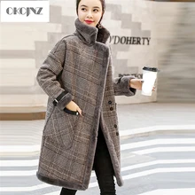 Клетчатая Шерстяная парка женская новая зимняя верхняя одежда толстое длинное меховое пальто из овечьей шерсти модное свободное прямое женское шерстяные пальто YY097