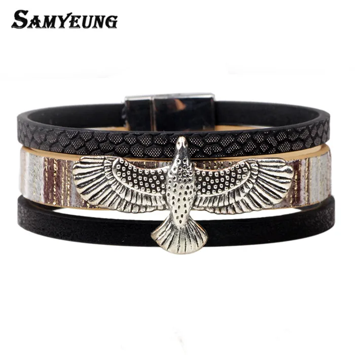 

Samyeung Bijoux Punk Big Eagle Handmade Bracelets Homme Genuine Leather Bracelet Women Braclet Men Braslet Silver pulseiras