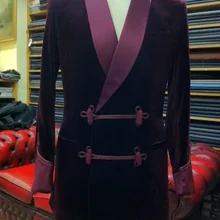 Дизайнерский бордовый бархатный мужской пиджак с пуговица в виде китайского узла, приталенный смокинг на заказ, блейзер, костюмы для жениха на выпускной, 1 шт. пальто