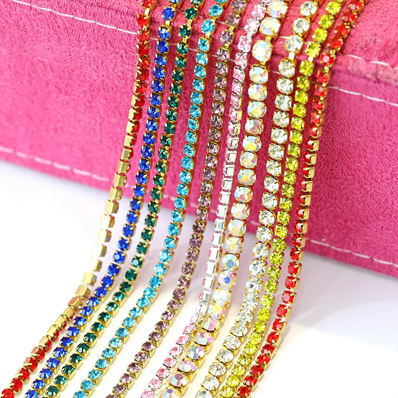 

Multi colors 1 Yard Gilded Base Clear Crystal SS6 (2mm) Intensive Gold Base DIY Beauty Accessories Rhinestone Chain Y3735