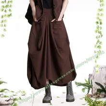 Винтажная модная повседневная черная хлопковая льняная Асимметричная Женская японская юбка с большим карманом/макси юбки с женскими