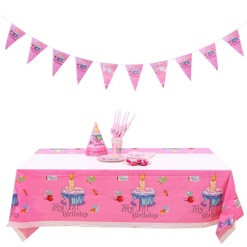 

38pcs/set Birthday Party Supplies Set One-year-old Straw Tablecloth Flag Plates Cups Tableware Decoration for Baby Shower