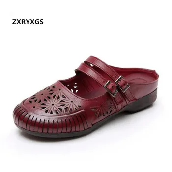 

First Layer of Cowhide Hollow Summer Women Slippers Sandals 2019 New Round Head Soft Bottom Women Sandals Fashion Slippers