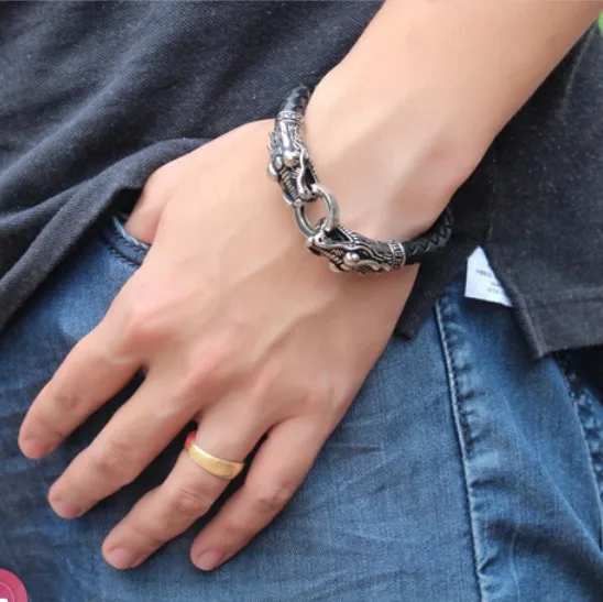 Leather Men Bracelet Tibetan Silver Titanium dragon bracelet leather bracelet