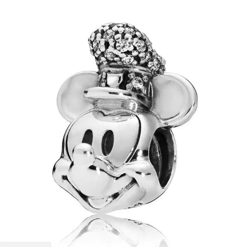 

925 Sterling Silver Bead Shimmering Steamboat Willie Portrait Charm, Clear Cz Fit Pandora Bracelet & Bangle Diy Jewelry