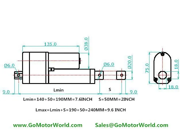 12V 24V LA12 Linear actuator with Potentiometer POT signal feedback  50mm stroke drawing