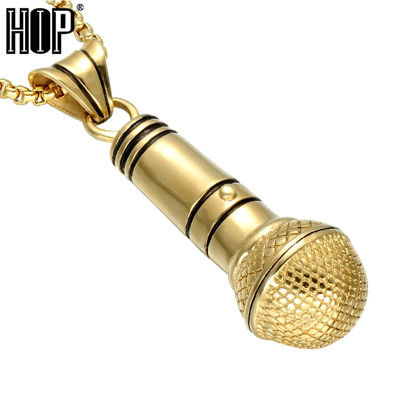 

HIP Gold Color Big Microphone Men Pendant Necklace Punk Voice Of US Stainless Steel Titanium Necklaces Jewelry