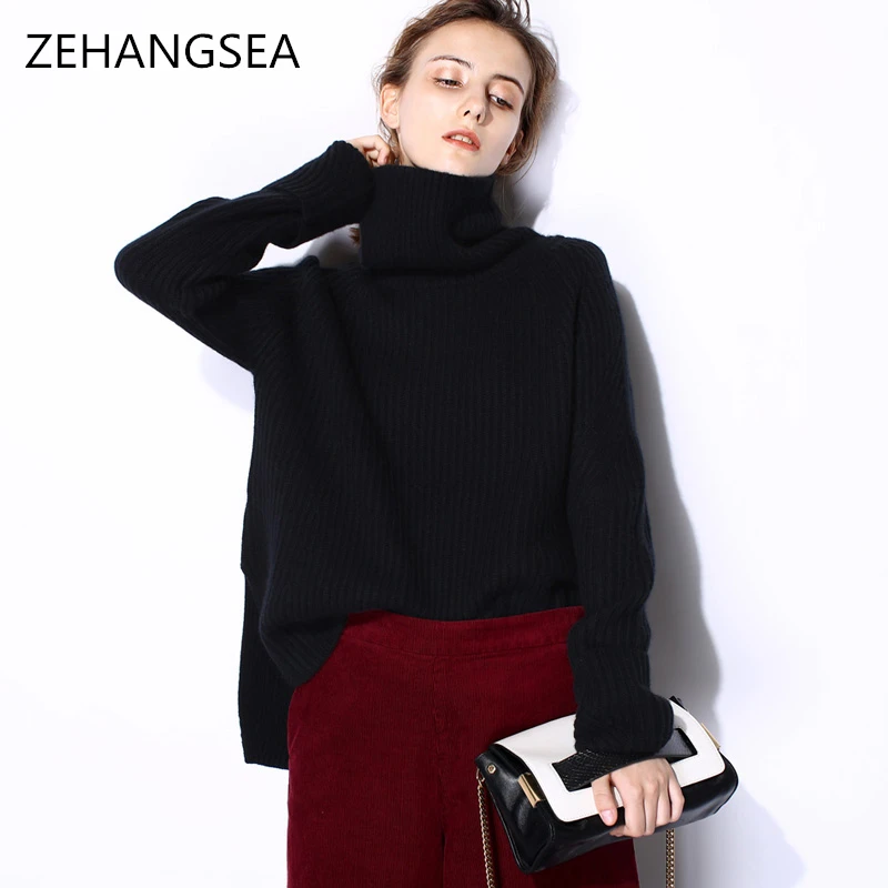 

New cashmere sweater winter women's sweater loose solid color high collar European and American fashion outside knitted sweater