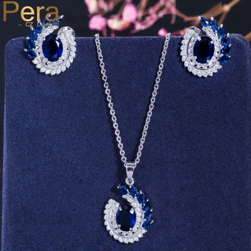 Pera высокое качество AAA+ микро Pave кубического циркония большой синий круглый длинные висячие ожерелье и Комплект сережек для женщин J094