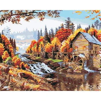 

Painting By Numbers DIY Dropshipping 50x65 60x75cm Beautiful river waterwheel Scenery Canvas Wedding Decoration Art picture Gift