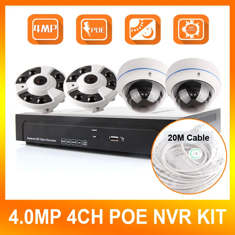 4CH 4.0MP POE NVR System 4PCS Dome IP Camera 4MP Night/day Surveillance NVR Kits,UP To 4TB,Panorama 360 Degree View Camera