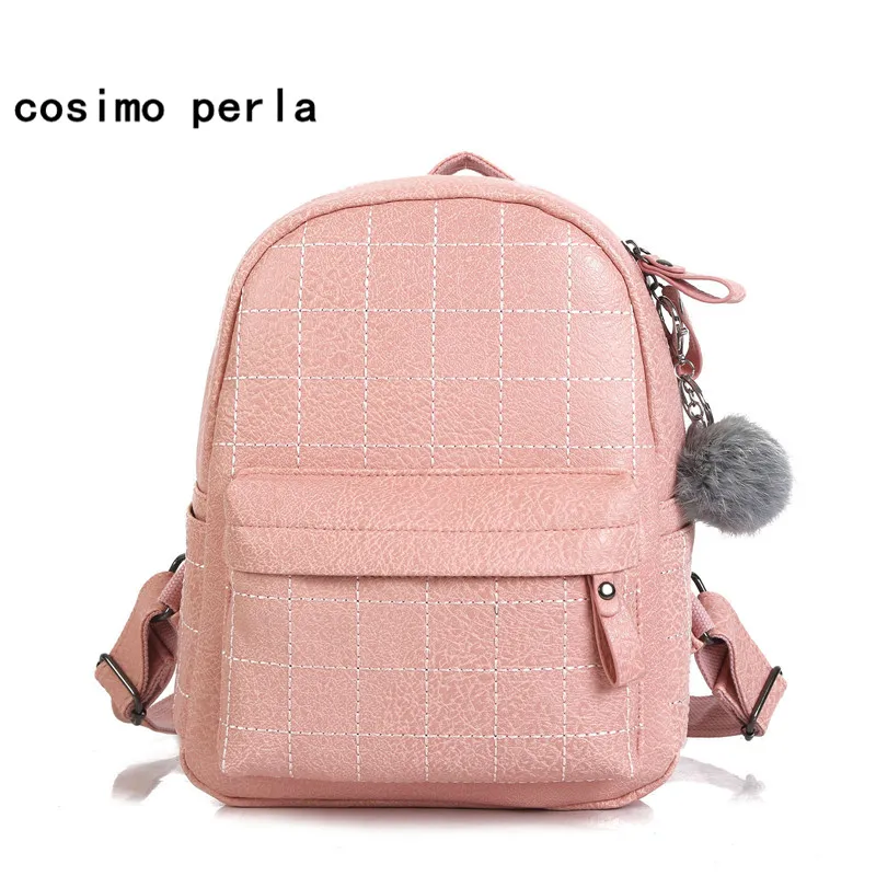 

Preppy Style Small Shoulder Bag Cute Hair Ball Sweet Girls Backpack Lattice Leather Travel Backpacks Women Student School Bags