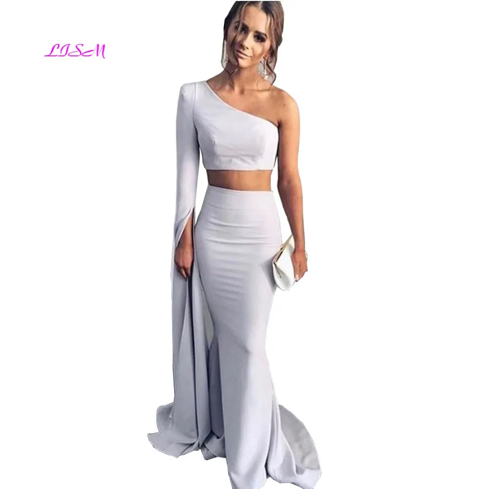 

Light Gray Two Pieces Mermaid Evening Dresses 2019 One Shoulder Long Sleeves Satin Floor Length Prom Gowns Elegant Party Dresses