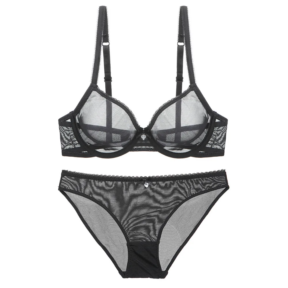 

Sexy Womens Transparent Bra 3/4 Cup Non-padded Underwire Breathable Bra & Panties Mesh Unlined Bra Set 32 34 36 38 40 42 B C D