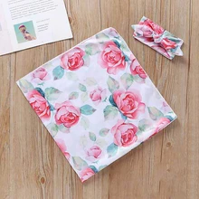 Новое модное одеяло для новорожденных с цветочным принтом+ повязка на голову, мягкие хлопковые пеленки для малышей