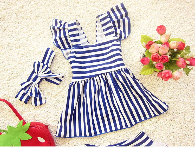 Dollplus/ комплект из 2 предметов, Детский костюм для плавания бикинидля девочек, полосатый треугольный бантик, купальный костюм, купальник для девочек