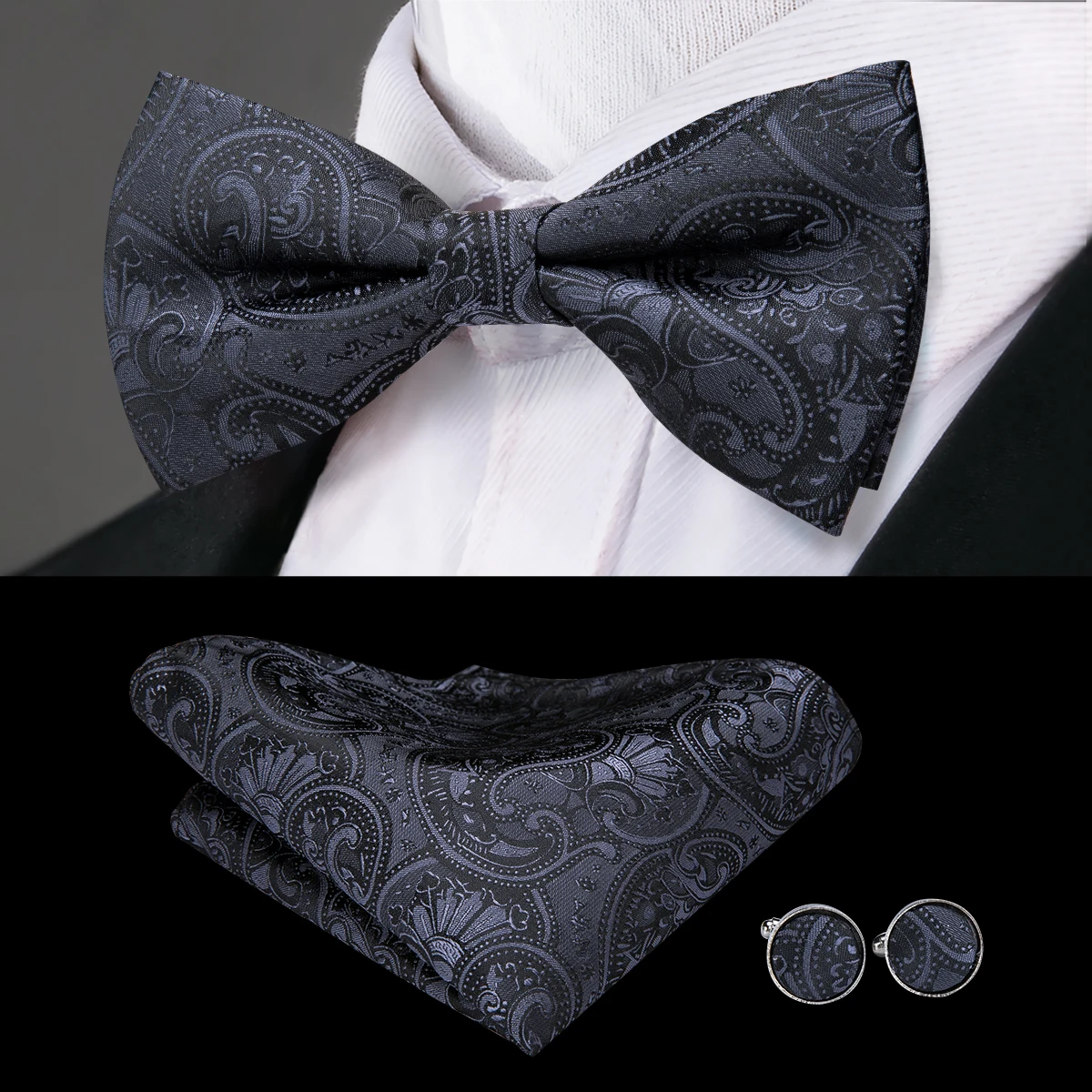 Hi-Tie Men Black Bowtie Paisley Bow Tie Floral Silk Bowtie for Suit Tuxedo Handkerchief Cufflinks Set Wedding Wholesale LH-743