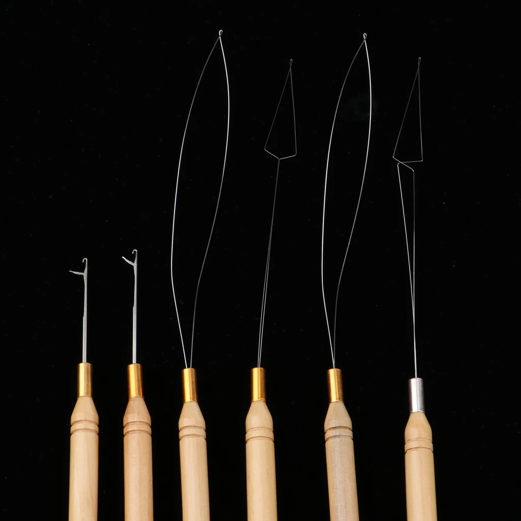 6Pcs/Set Wooden Hair Extensions Loop Needle Threader Wire Pulling Hook Tool for Beads