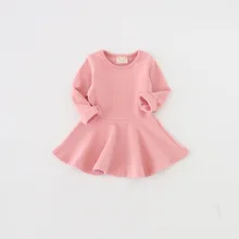 Oklady 2017 Spring Autumn New Girls Dress Cotton Leaves Long Sleeve Bottom Dress Solid Cindy Color