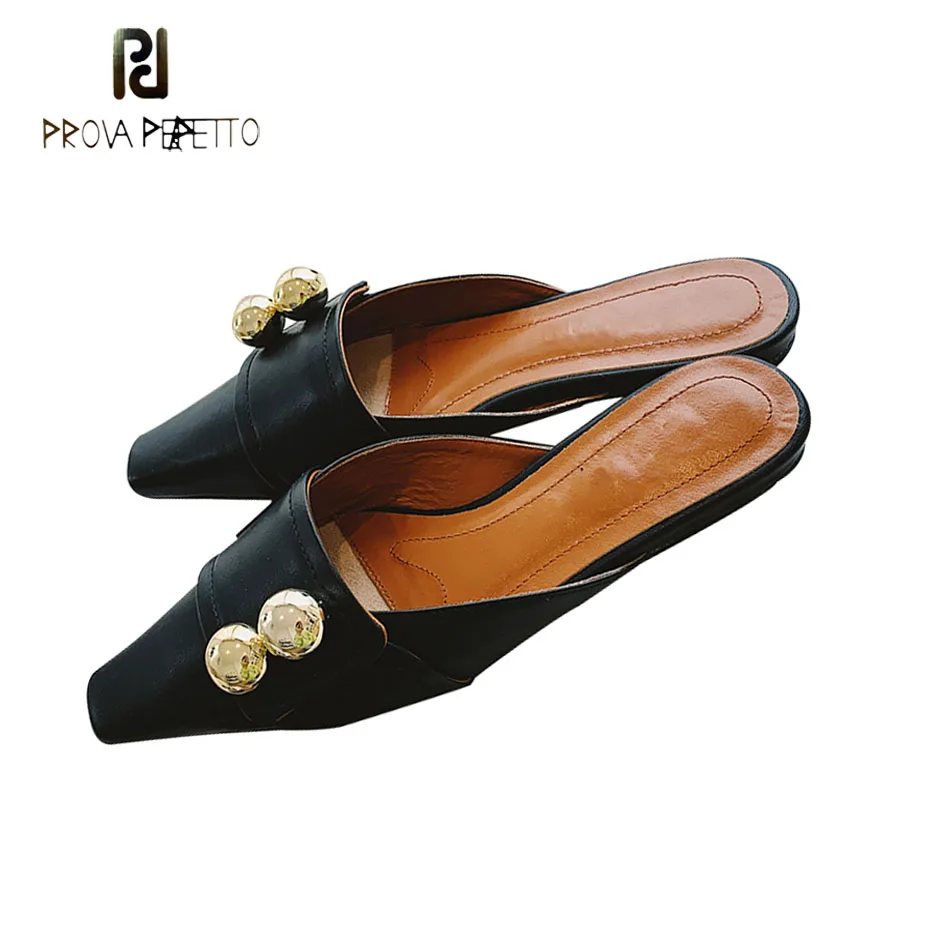 

Prova Perfetto newest cow leather close toe slippers women flats square toe outdoor mules shoes females metallic balls loafers