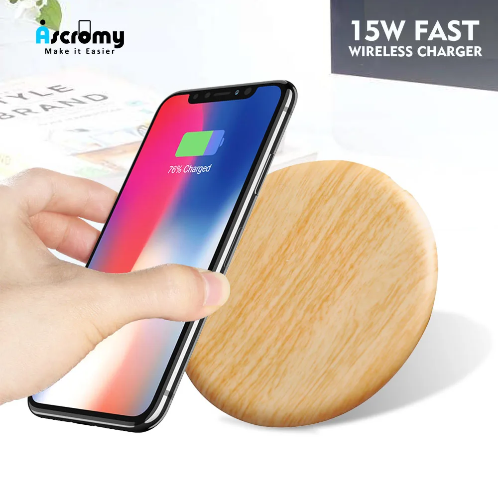Беспроводная зарядная площадка Ascromy Wood Qi для Samsung S10 Huawei P30 Pro Xiaomi Mix 9 iPhone 15 Вт