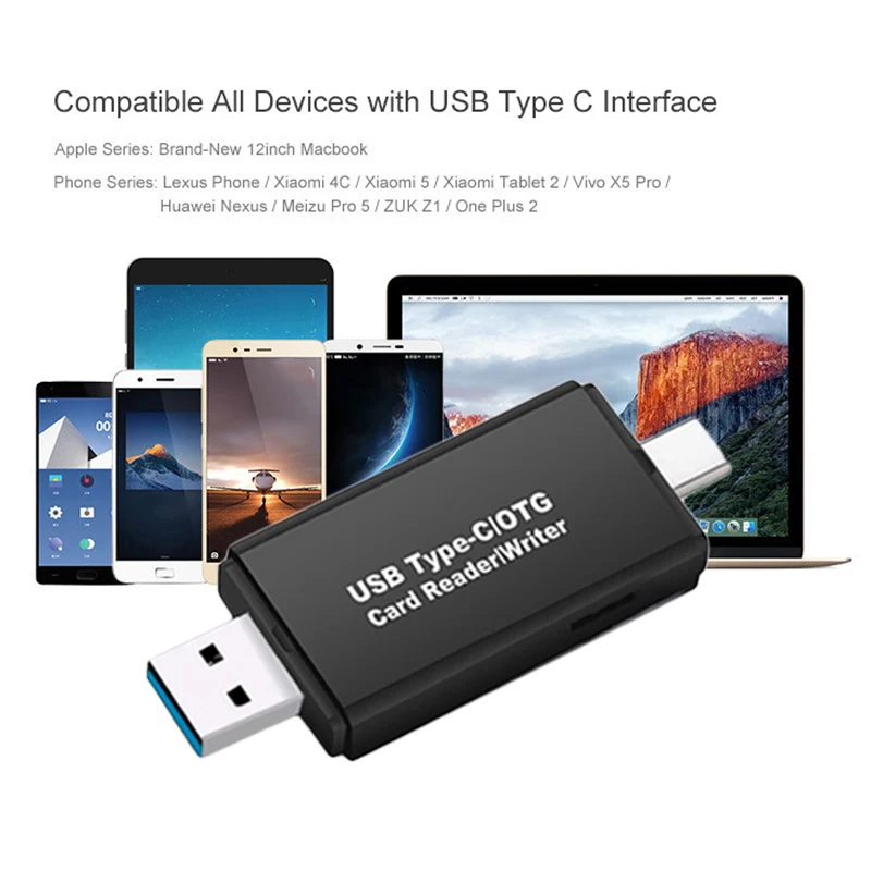Type-C кардридер USB 3,0 Micro SD TF Тип C Мульти устройство чтения карт памяти Plug In And Play Smart 2-in-1 Multifunctional Card Reader