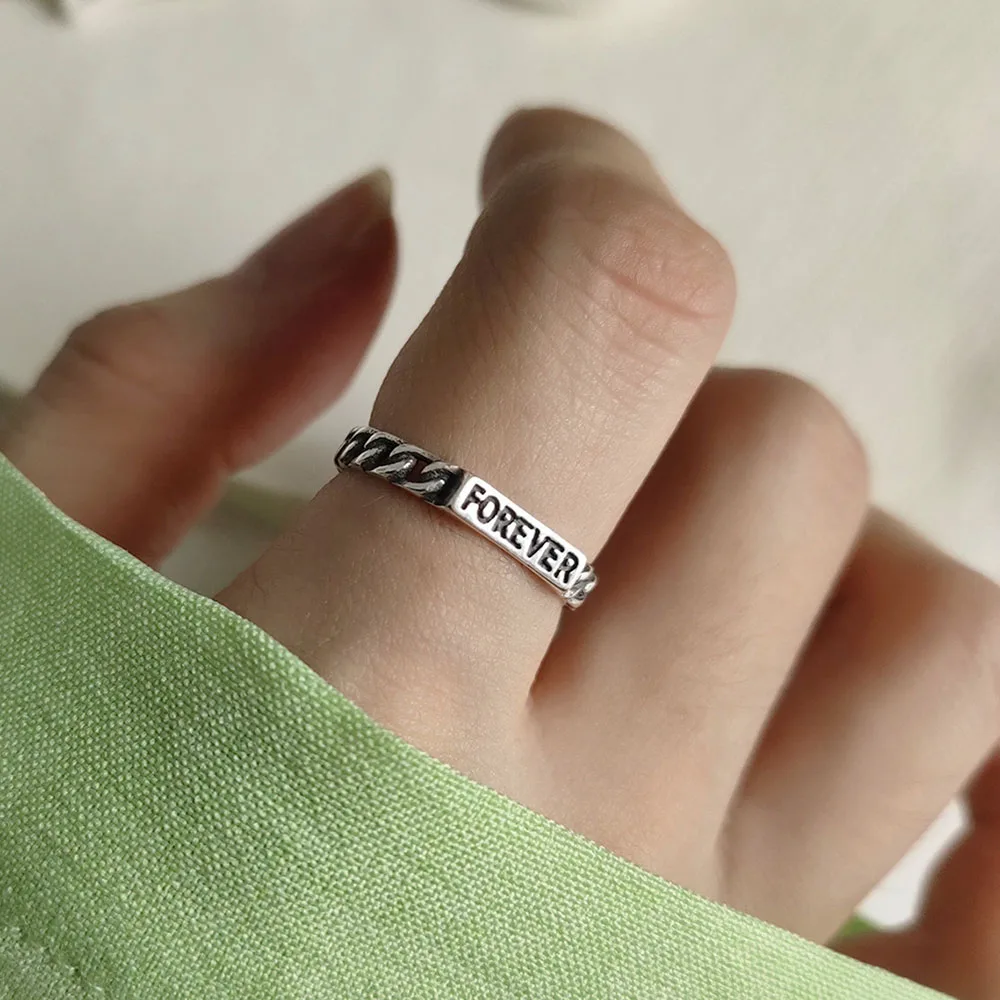 

Vintage 925 Sterling Pure Silver Retro Black Curb Chain Braided Tiny Band Forever Letter Ring for Bridal Engagement Promise Ring