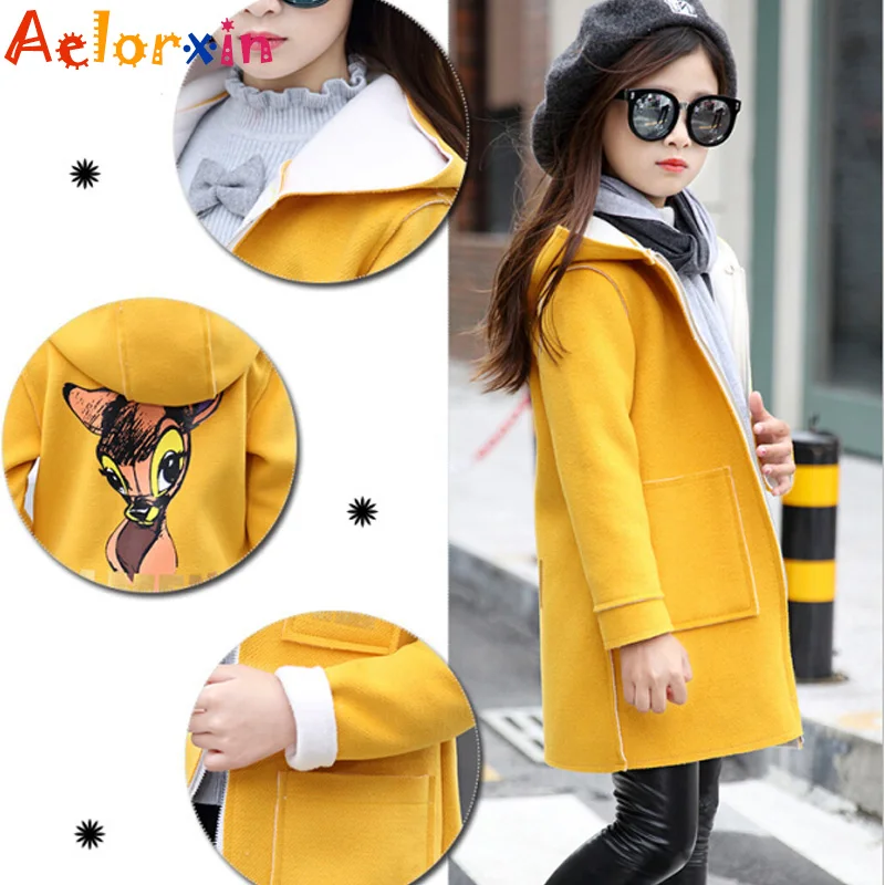 Winter Baby Girls Wool Coat Children's Long Woolen Coat Jacket Cartoon
