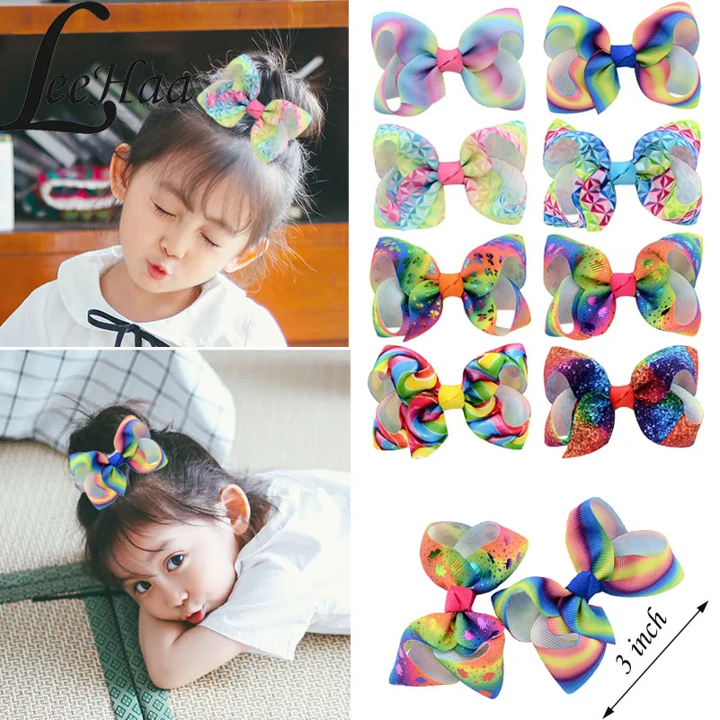 

3 Inch Gradient Rainbow Cute Bow Hair Clips Children Grosgrain Ribbon Colorful Hair Bows Boutique Girl Hairpins Hair Accessories
