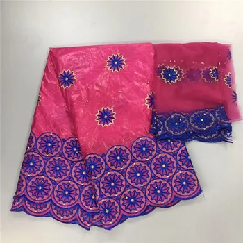 

Luxury party African embroidery jacquard bazin riche fabric and 2Y French blouse net lace fabric for dress set NBN70(5y+2y)