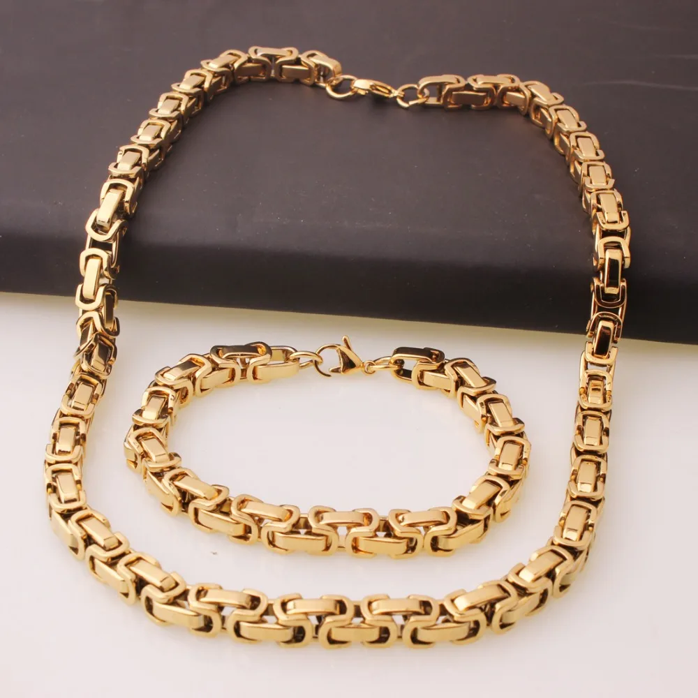 

8MM Customized 316L Stainless Steel Gold Tone Byzantine Box Chain Men's Link Necklace 22"&Bracelet 8.66" Jewelry Sets Xmas Gift