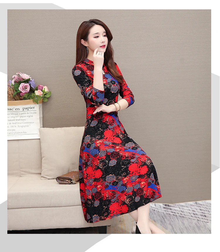 Floral Print Maxi Dress Long Sleeve Vintage Formal Dress Women Elegant for Work Plus Size 5XL Robe Femme 2019 Mom Women Dresses 5