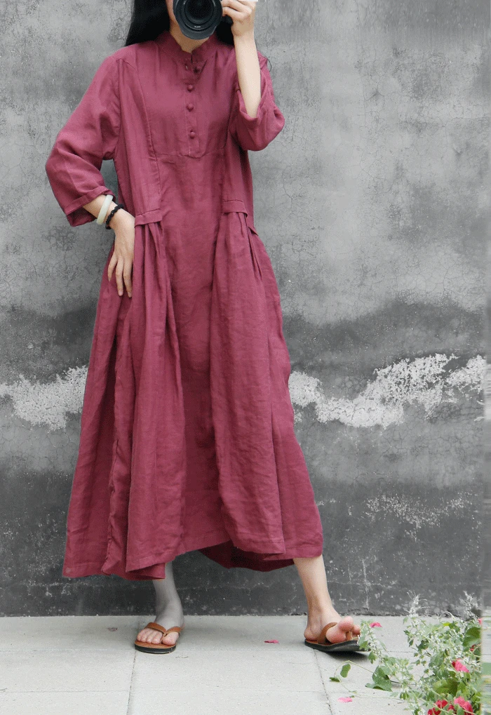 

Summer Dress 2019 Ramie Sand Washing Do The Old Retro Half Open Button Shirt Style Dress Robe D047