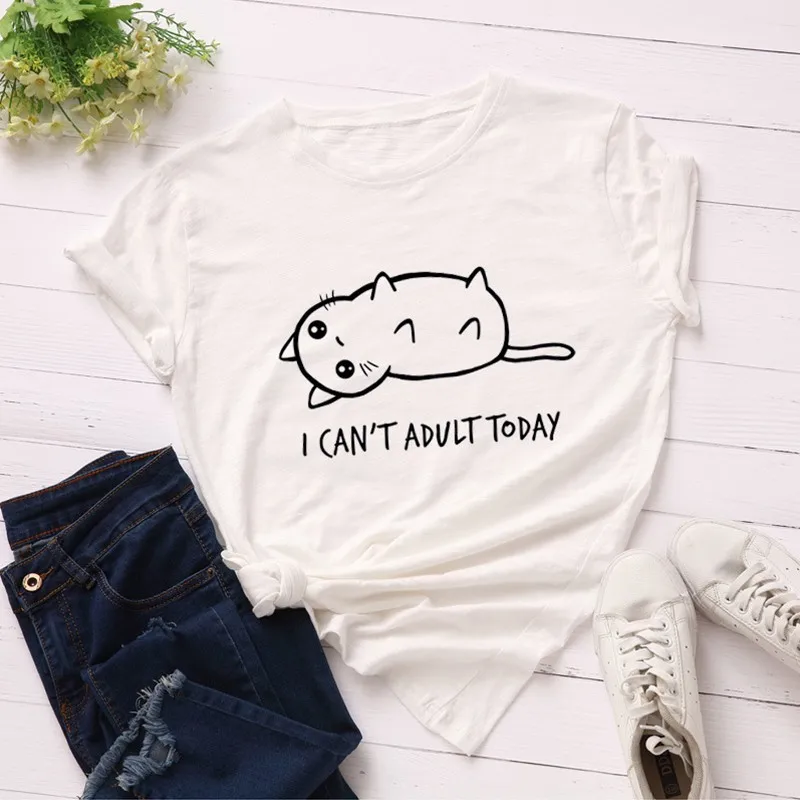 

Gumpun Women Clothes 2019 Lazy Cat Casual Cotton T Shirt Summer Loose Short Sleeve Letter Print Tops Tshirt Streetwear