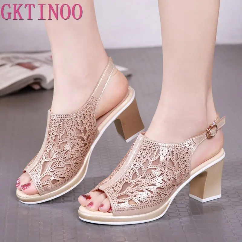 

GKTINOO Fashion Woman Hollow Out Sandals Crystal Summer Women's Shoes Sexy Peep Toe Ankle Strap Soft Square High Heels Sandals