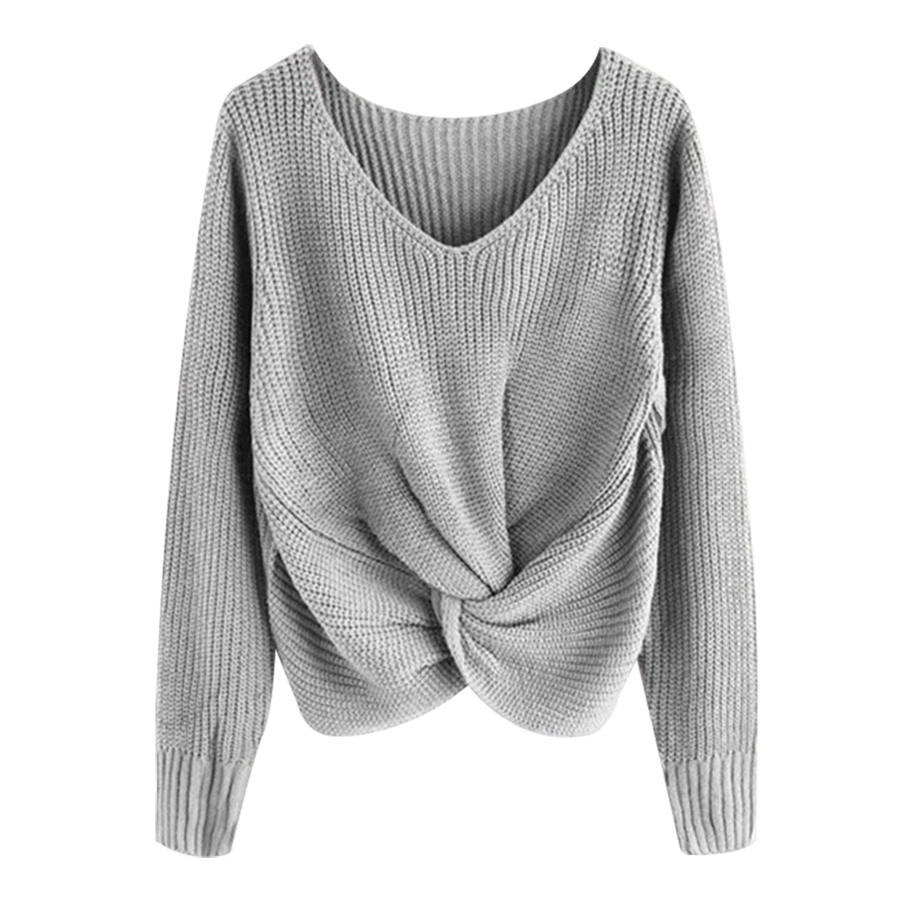 Осень, женский свитер с открытыми плечами и перекрестными узорами спереди, однотонный пуловер с длинным рукавом и v-образным вырезом, Свободный вязаный свитер, топы - Цвет: B2