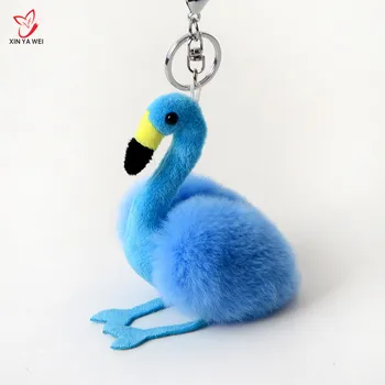 

8cm Multicolor Fiuffy Real Rabbit Fur Flamingo Key Chain Cute Pompom Rabbit Fur Hanging Ornament Keychain Women Car Bag key Ring