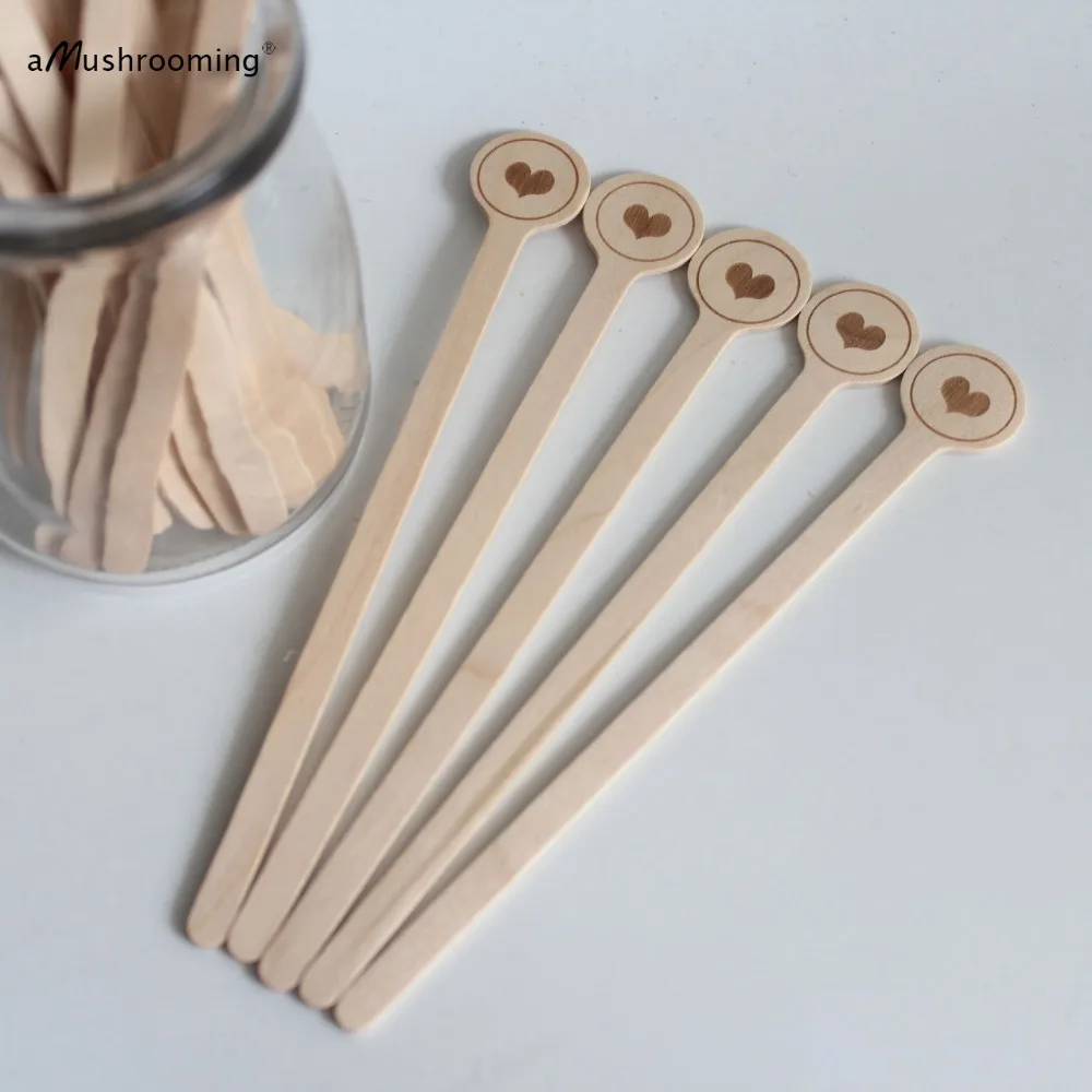 x100 Heart Wooden Beverage Stirrers Biodegrable Wedding Birthday Party Vintage Swizzle Sticks
