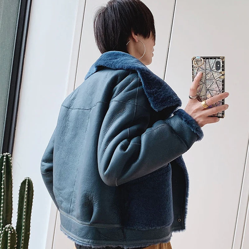 Réversible Mérinos Veste En Longues Manteau Manches Peau Femmes Bleu De Rf0327 Fourrure À Mouton Réel tvrqwztx7