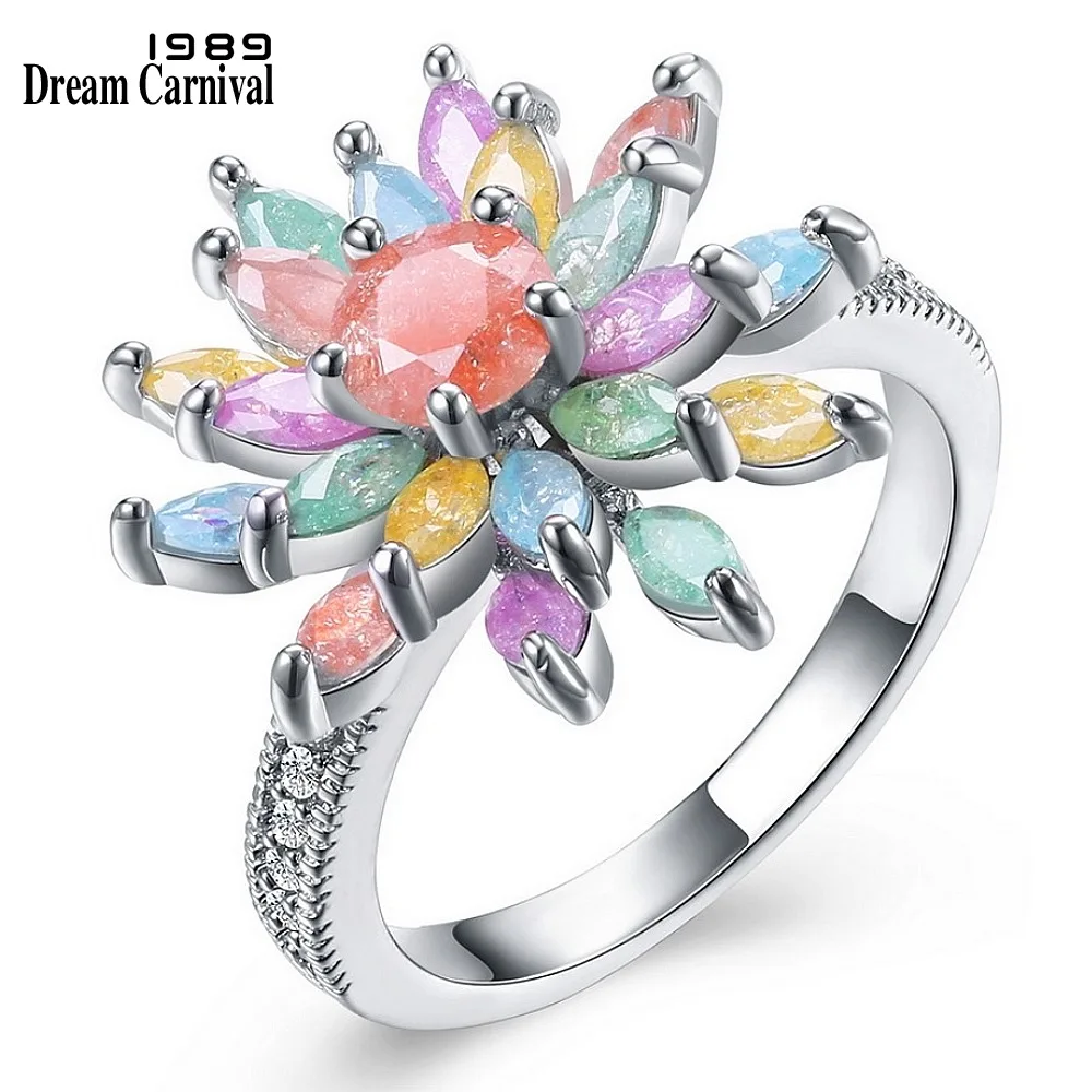 DreamCarnival 1989 Spring Flower Design Colorful Glitter Zircon Pale Purple Green Blue Color Cute Look Women Ring Anillo SJ29081