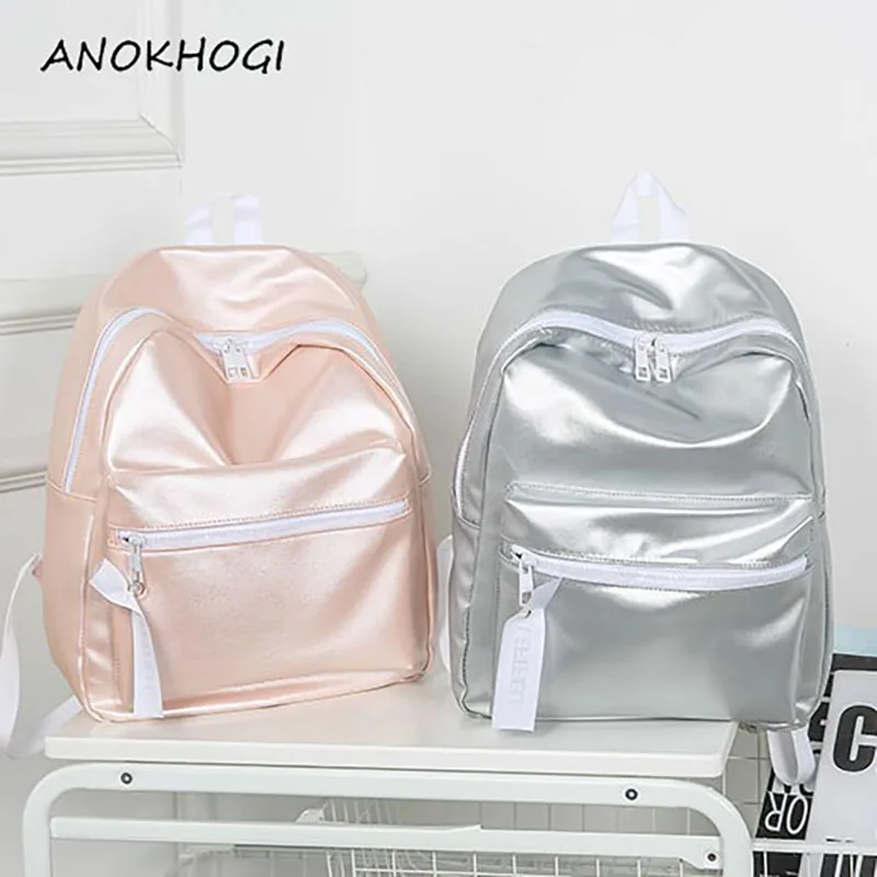 

Fashion PU Leather Students Solid Female Backpacks Glossy Bling Korean Style Double Straps Bags Zipper Silvery Backpack B140
