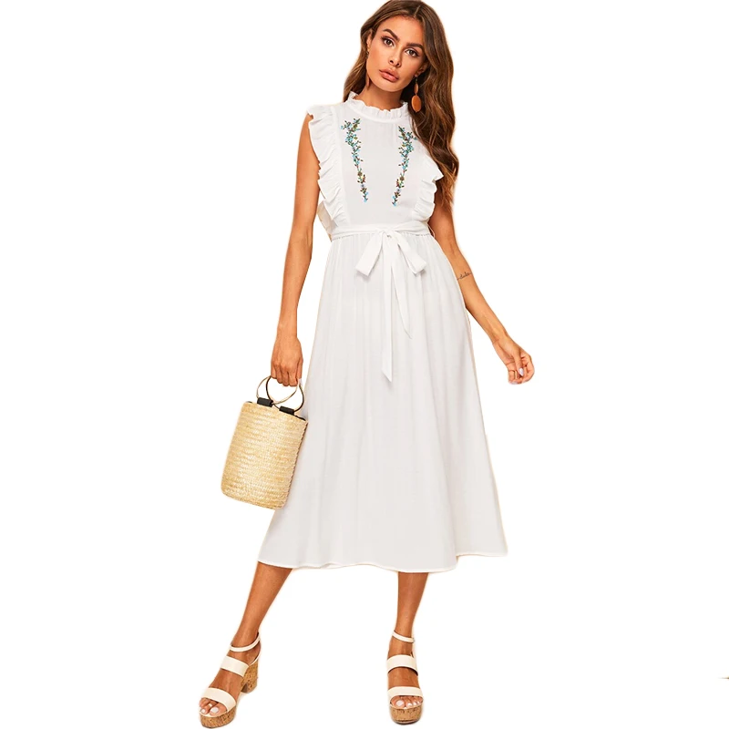 Sheinside White Floral Embroidered Ruffle Trim Dress Women Summer Sleeveless Belted A Line Dresses Ladies Solid Midi Dress