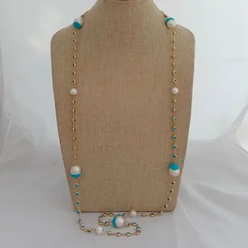 

N022935 43" White Keshi Pearl Blue Crystal Pave Chain Long Necklace